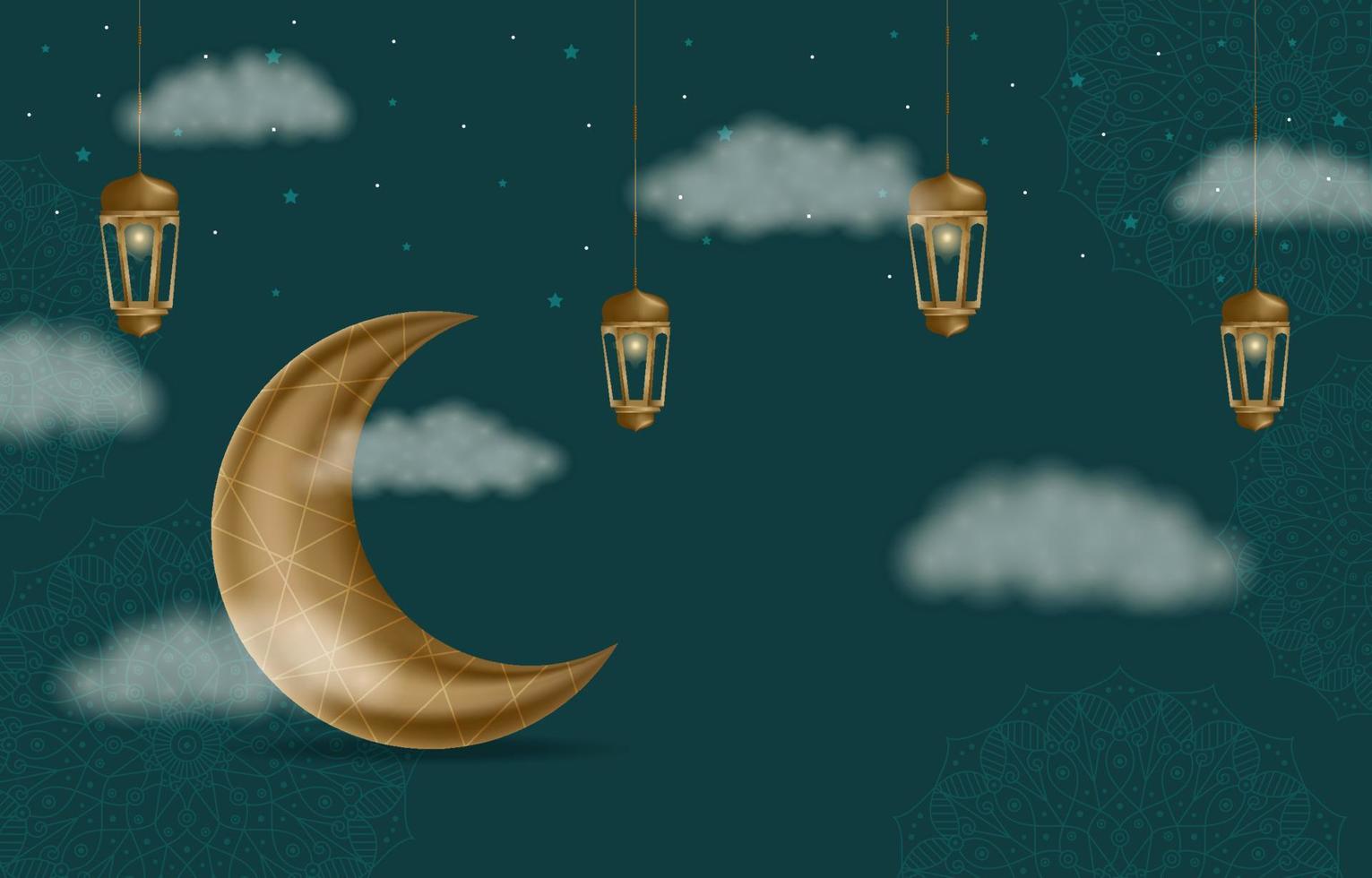 mubarak med halvmåne, moln och lyktor bakgrund vektor
