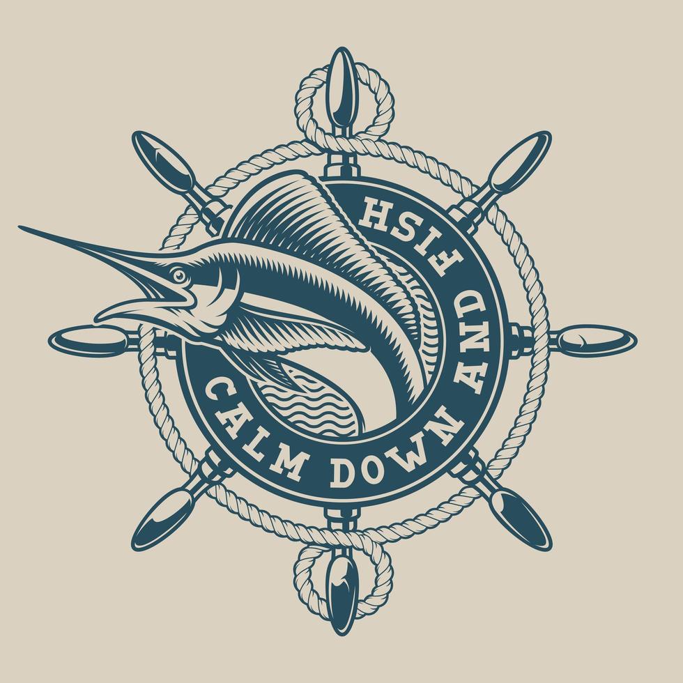 Vintage nautiska emblem med en marlin och skeppshjul vektor