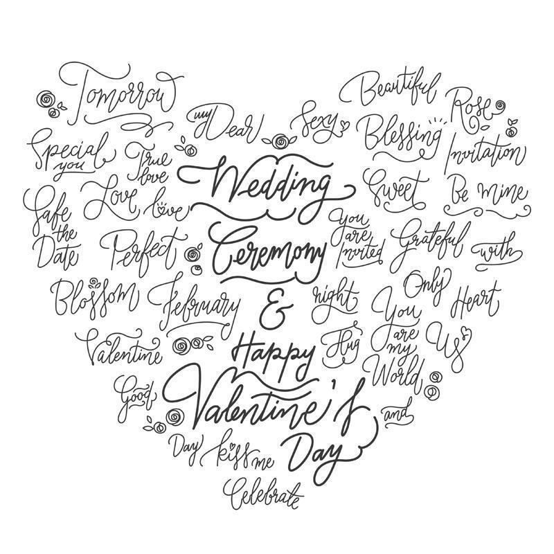 Bröllop handskrivna ord ställde in i hjärtaform vektor