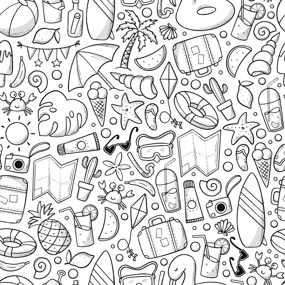 sommar sömlösa mönster med skissade monokroma doodles. bra för målarbok, omslagspapper, förpackningar, bakgrunder, tapeter, textiltryck etc. eps 10 vektor