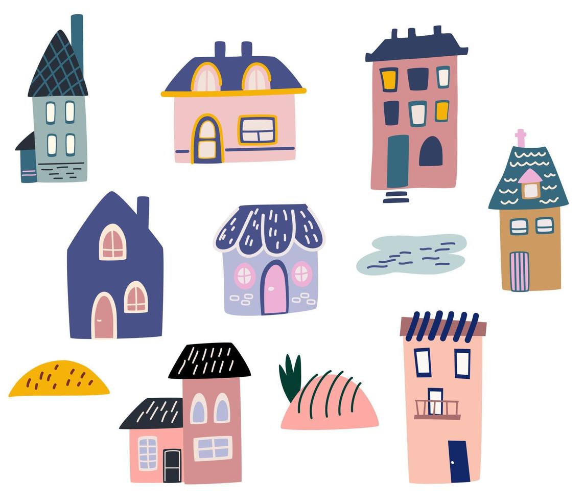süße Cartoon-Häuser. verschiedene kleine winzige Häuser. kleine stadthäuser, minimalismus städtischer gebäude, minimale vorstädtische wohngebäudevektorillustrationen satz von symbolen. vektor