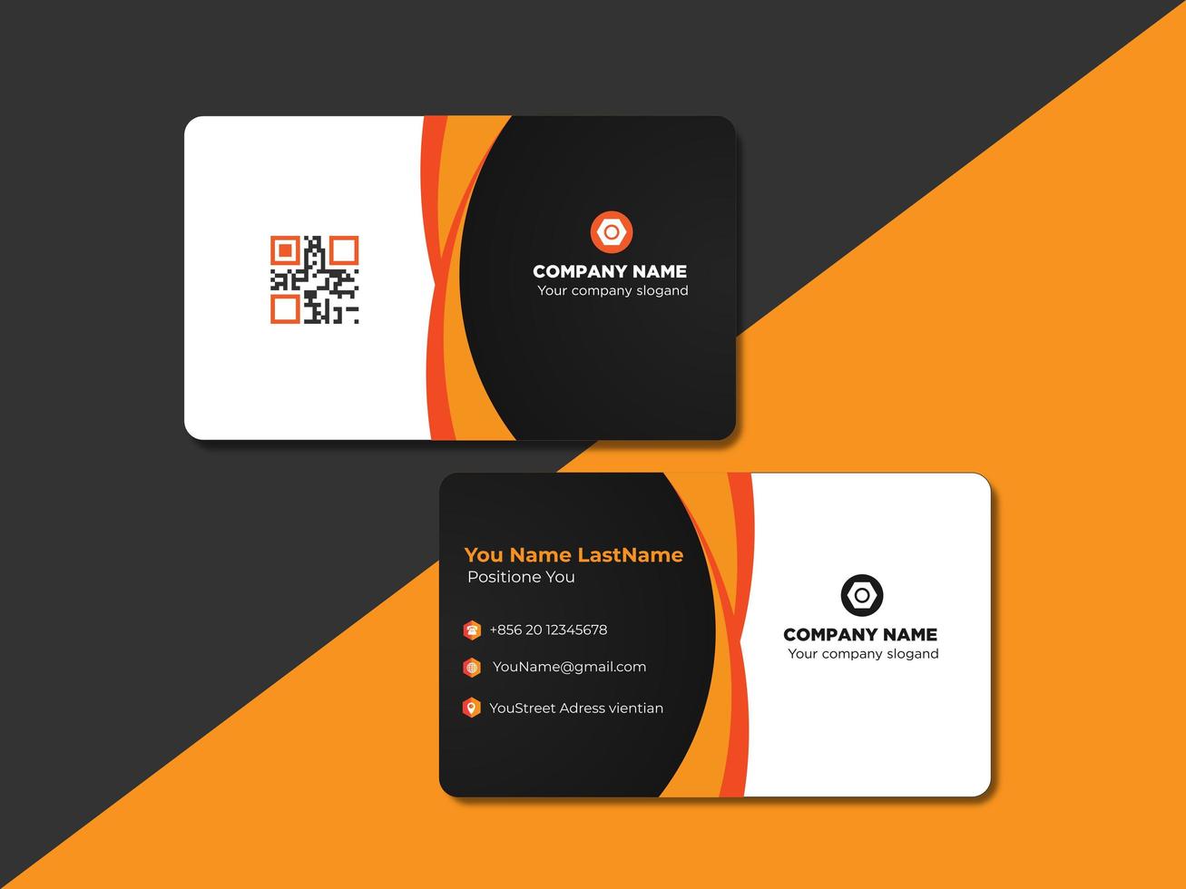Orange och svart krökt ID-kort eller namnskortdesign vektor