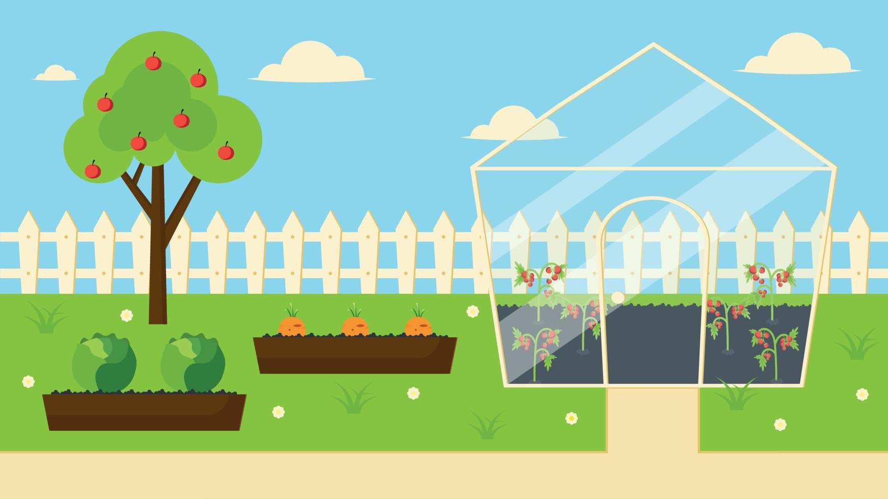Gartengrundstück mit Gewächshaus und Hochbeeten aus kontrolliert biologischem Anbau vektor
