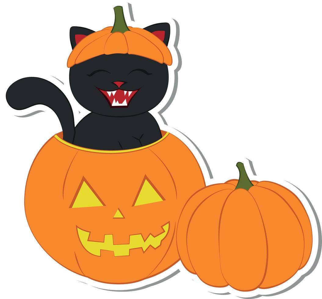 söt kattunge sitter i en pumpa höst dekor glad halloween klistermärke vektor