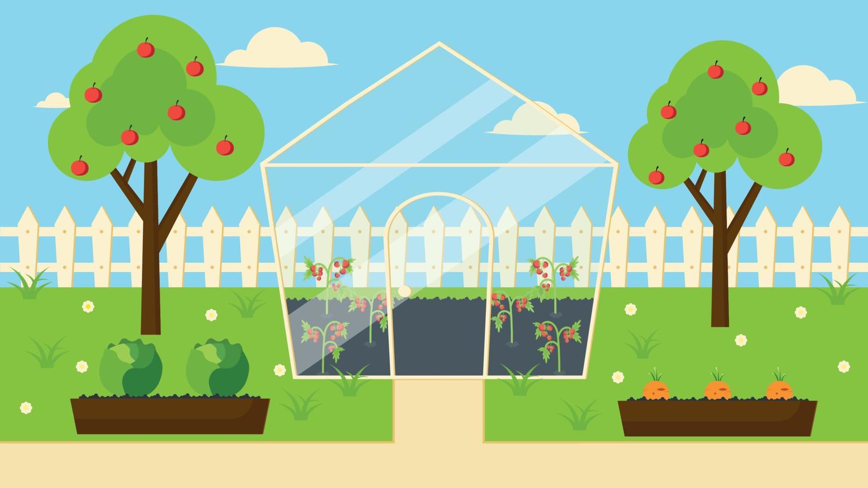 Gartengrundstück mit Gewächshaus und Hochbeeten aus ökologischem Landbau vektor