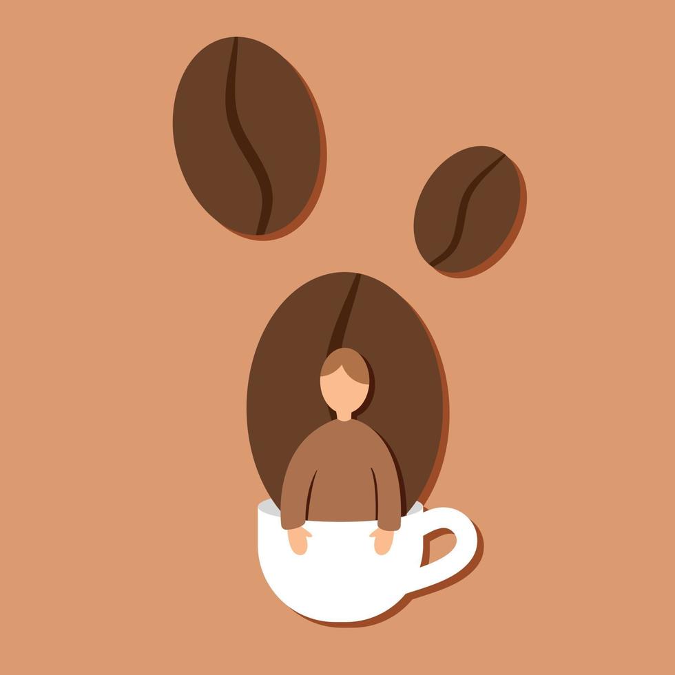 man i kaffekopp och kaffebönor morgonkaffe koncept kaffemugg vektor