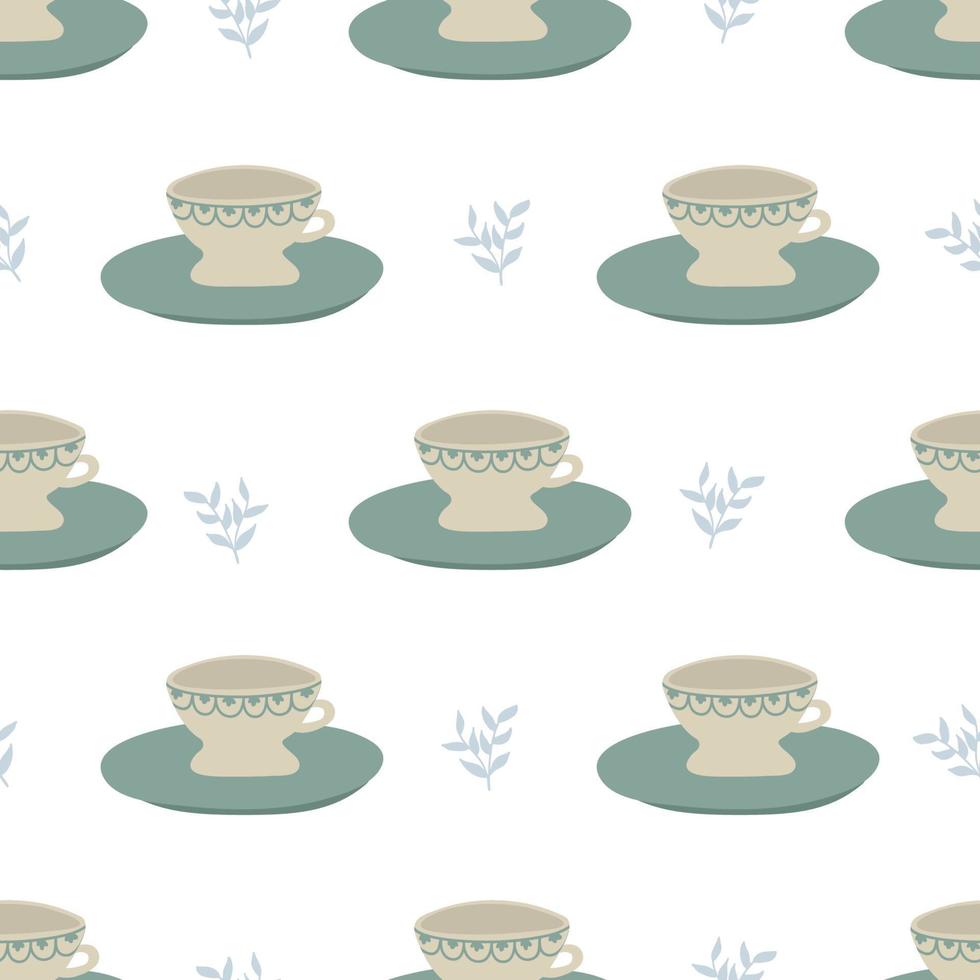 Nahtloses Muster mit Tassen, Untertassen. Druck mit Tassen für Cafés, Textilien und Design. flache vektorillustration vektor