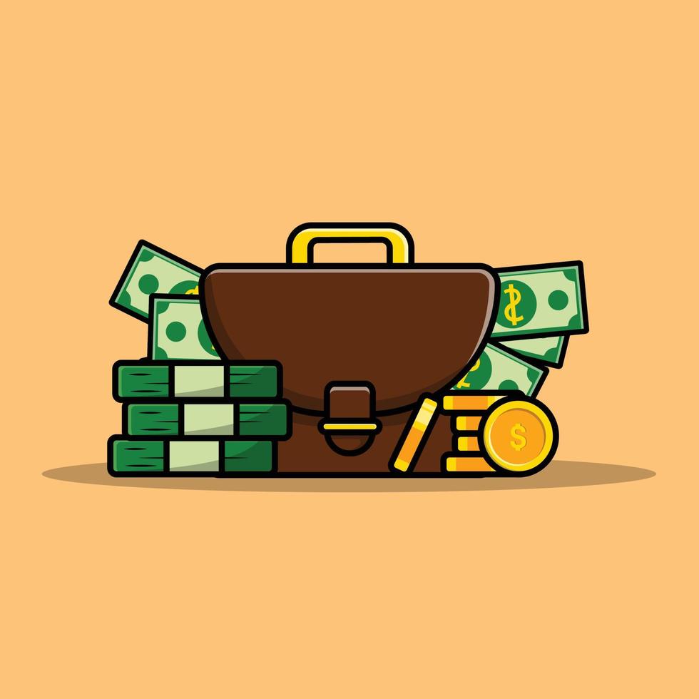 resväska full av pengar och guldmynt tecknad vektor ikonillustration. finans och affärsikon koncept isolerade premium vektor. platt tecknad stil
