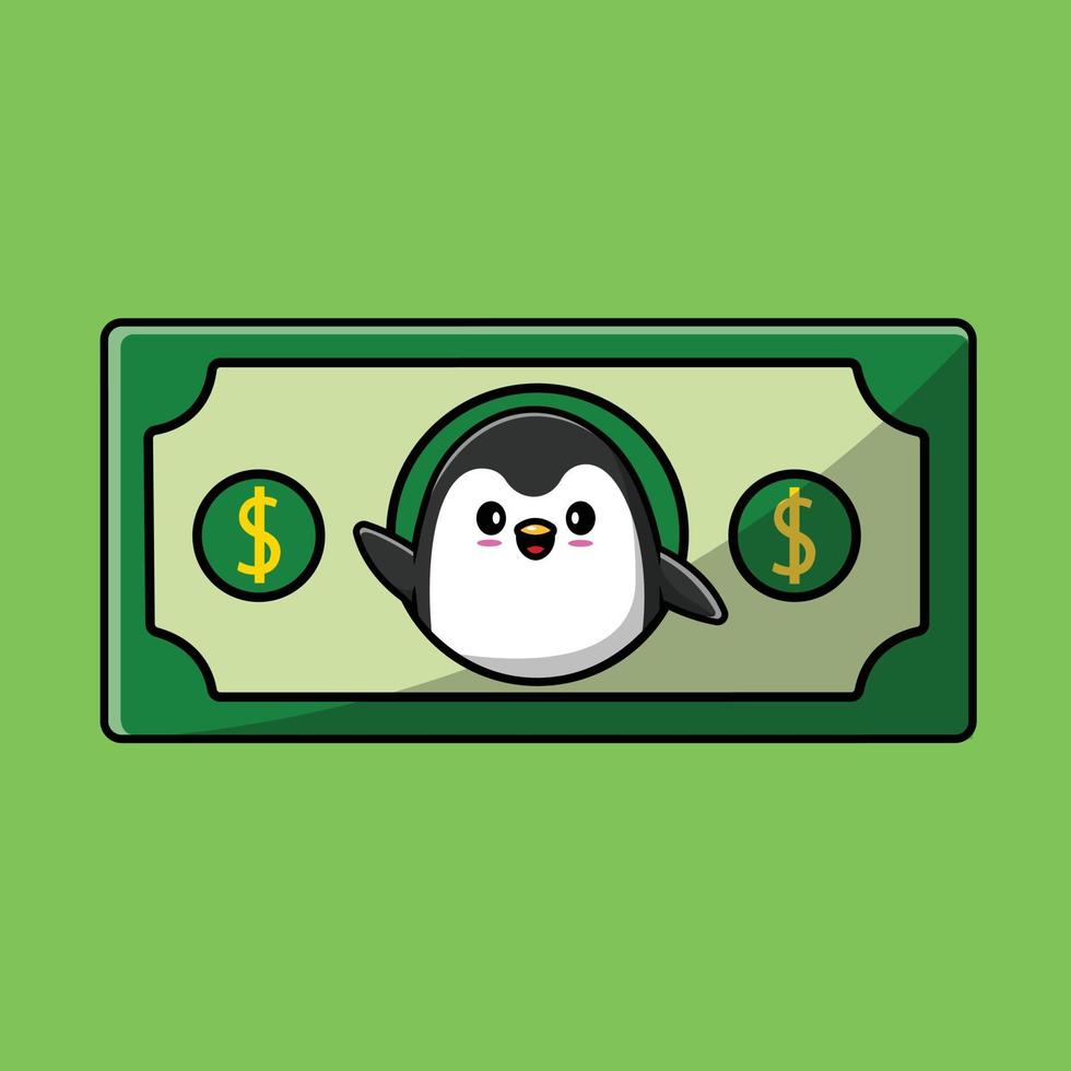 söt pingvin viftande hand på pengar tecknad vektor ikonillustration. djur finans ikon koncept isolerade premium vektor. platt tecknad stil