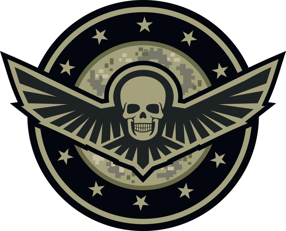 militärt emblem med skalle och vingar, t-shirts för grunge vintagedesign vektor