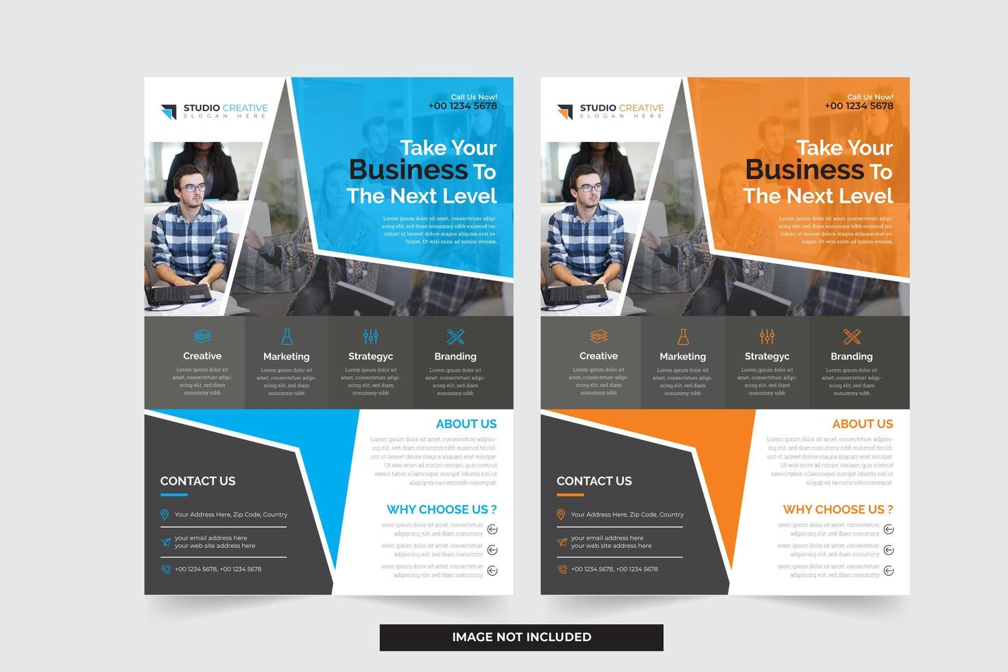 Blaue und orange Business Flyer Vorlagen mit modernen abgewinkelten Design vektor