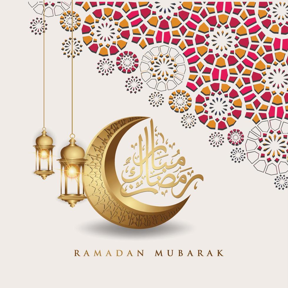 luxuriöses und elegantes design ramadan kareem mit arabischer kalligrafie, traditioneller laterne, halbmond und islamischen dekorativen bunten details aus mosaik für islamische grüße.vektorillustration. vektor