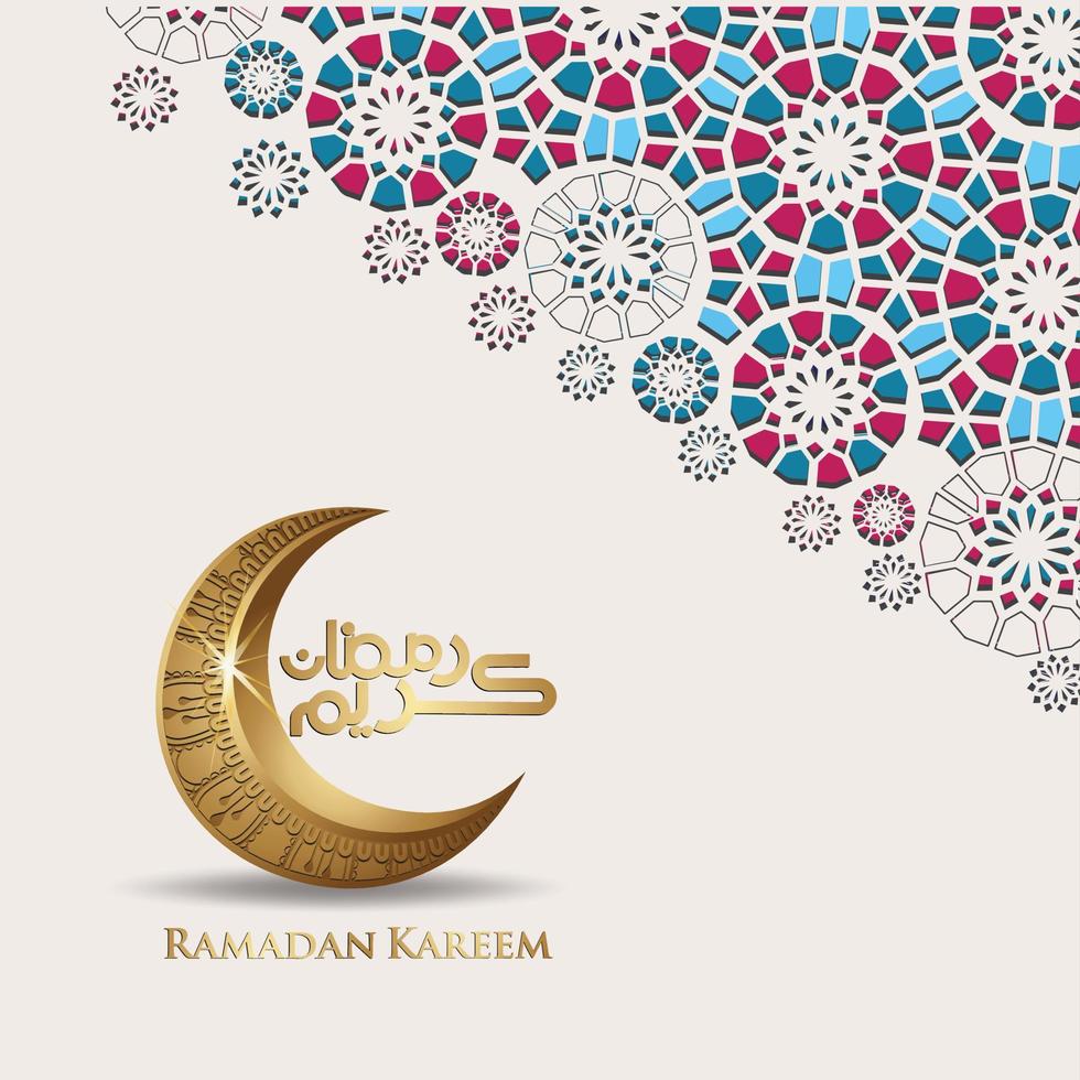 luxuriöses und elegantes design ramadan kareem mit arabischer kalligrafie, halbmond und islamischen dekorativen bunten details aus mosaik für islamische grüße.vektorillustration. vektor