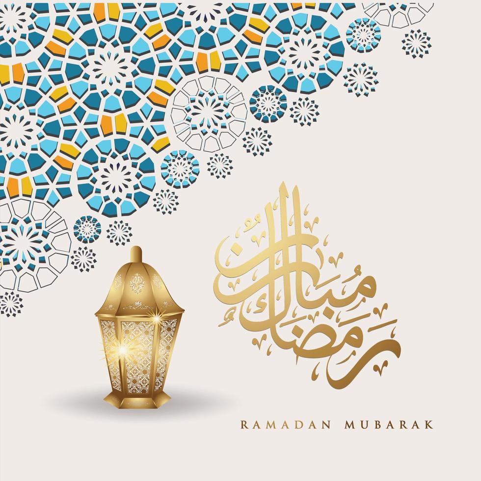 luxuriöses und elegantes design ramadan kareem mit arabischer kalligrafie, traditioneller laterne und islamischem dekorativem buntem detail des mosaiks für islamische grüße.vektorillustration. vektor