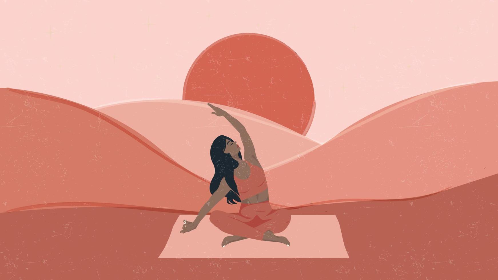 Achtsamkeit, Meditation und Yoga-Hintergrund in pastellfarbenen Vintage-Farben mit Frauen sitzen mit gekreuzten Beinen und meditieren. Vektor-Illustration vektor
