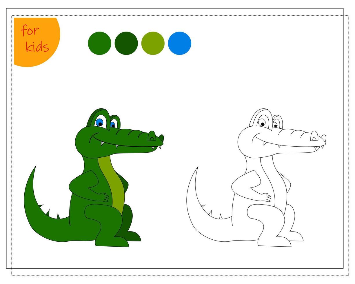 målarbok för barn efter färger, tecknad krokodil isolerad på en vit bakgrund. vektor