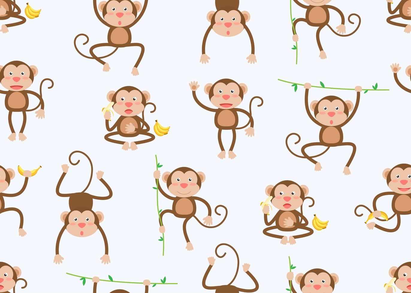 Seamless mönster av apor på vinstockar och med bananer i olika poser på vitt vektor