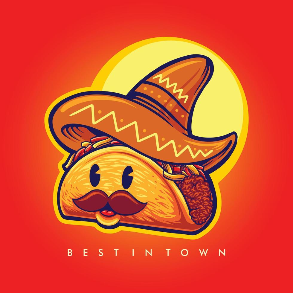süße schnurrbart-tacos-logo-maskottchen-vektorillustrationen für ihr arbeitslogo, maskottchen-waren-t-shirt, aufkleber- und etikettendesigns, poster, grußkarten, die unternehmen oder marken werben. vektor