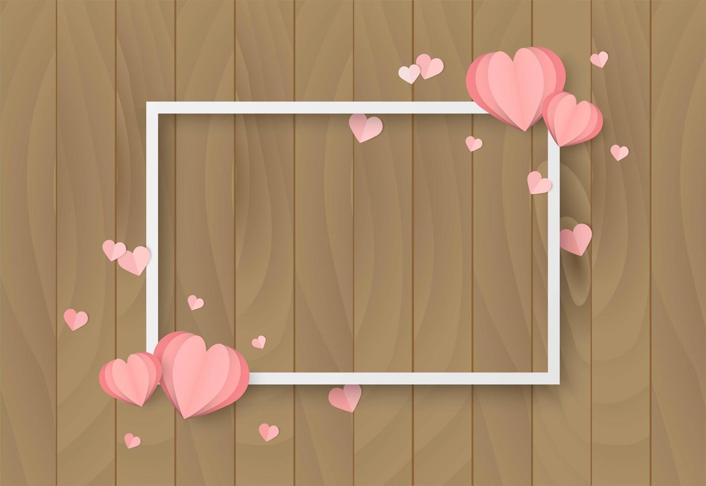 Valentinstag-hölzerner Hintergrund mit Herzform und weißem Rahmen vektor
