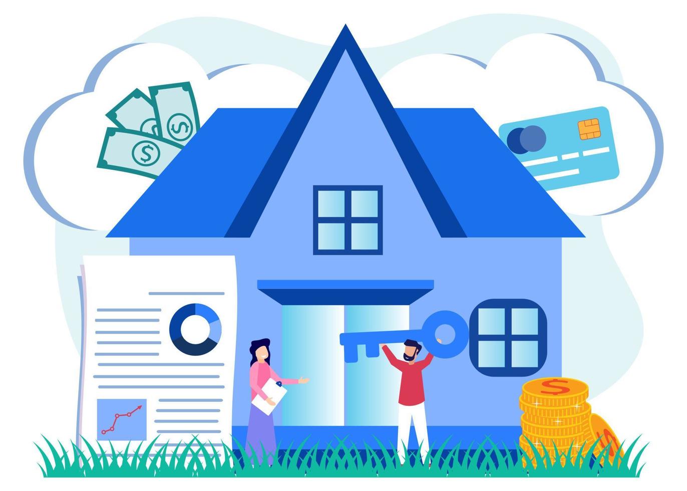 Illustration Vektorgrafik Zeichentrickfigur von Geld in Immobilien investieren und neues Haus kaufen vektor