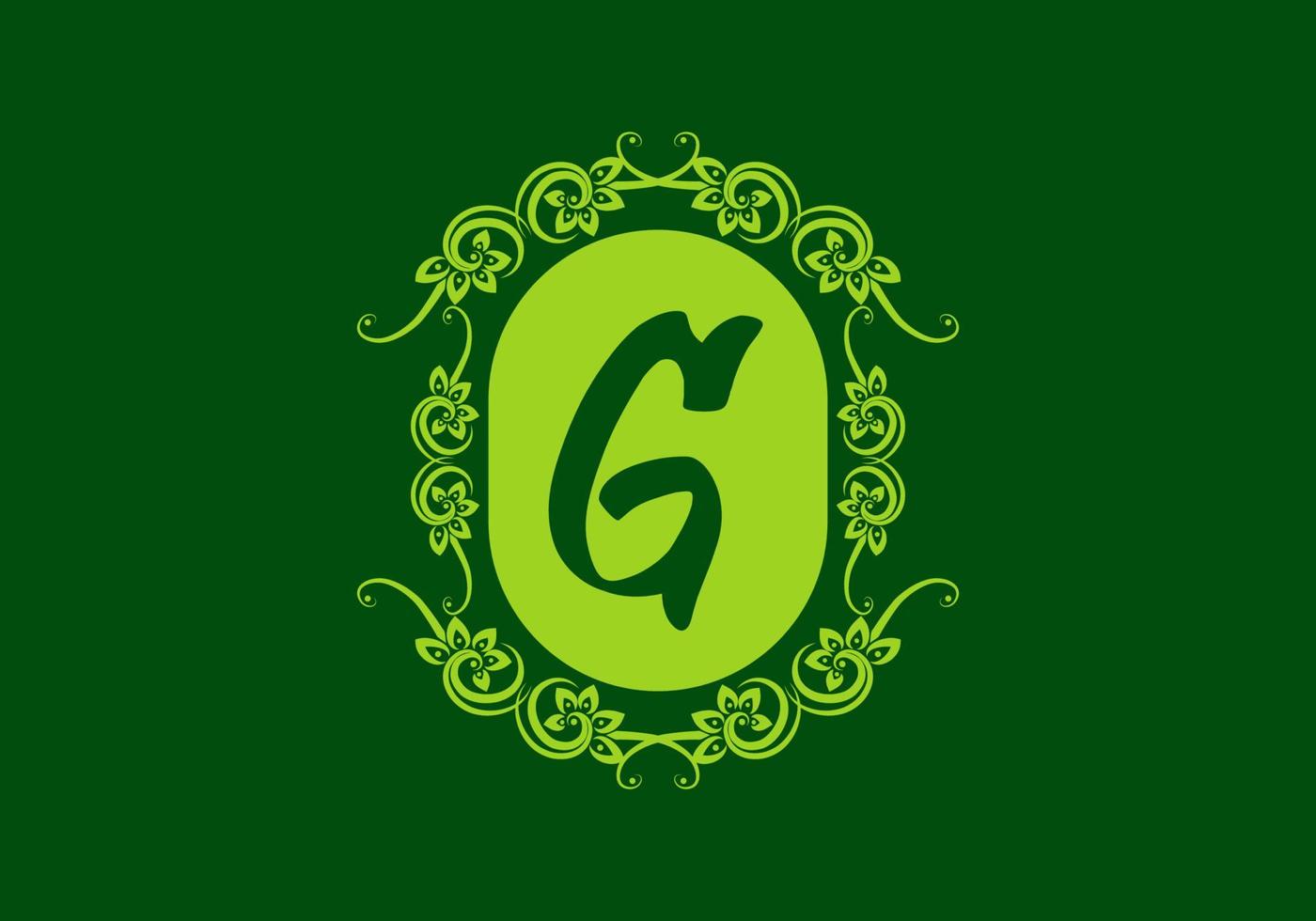 grön g initial bokstav i oval klassisk ram vektor