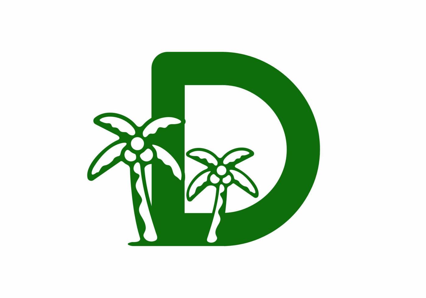 grön färg på d initialbokstav med kokospalmer vektor