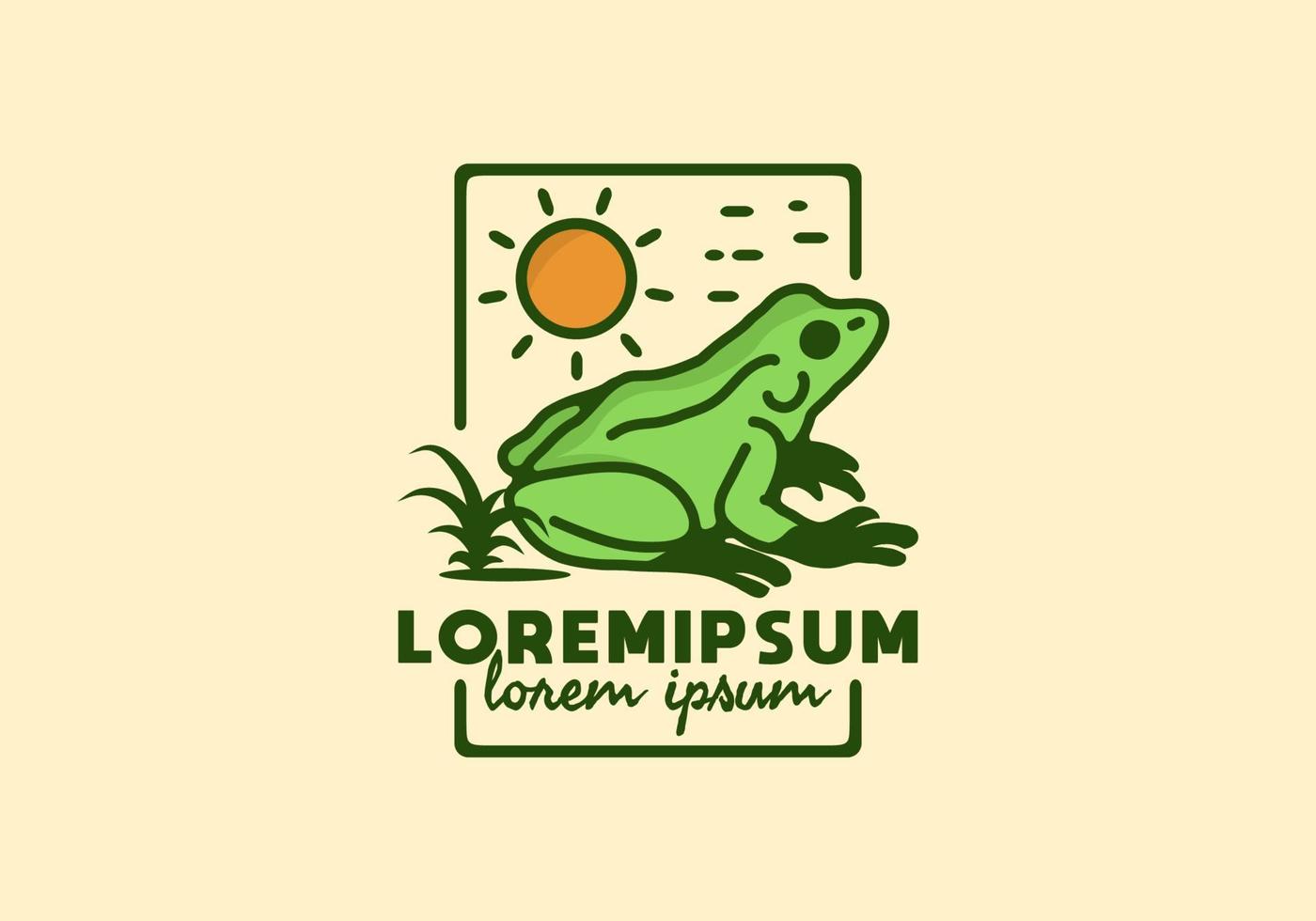 grön groda och sol linjekonst med lorem ipsum text vektor