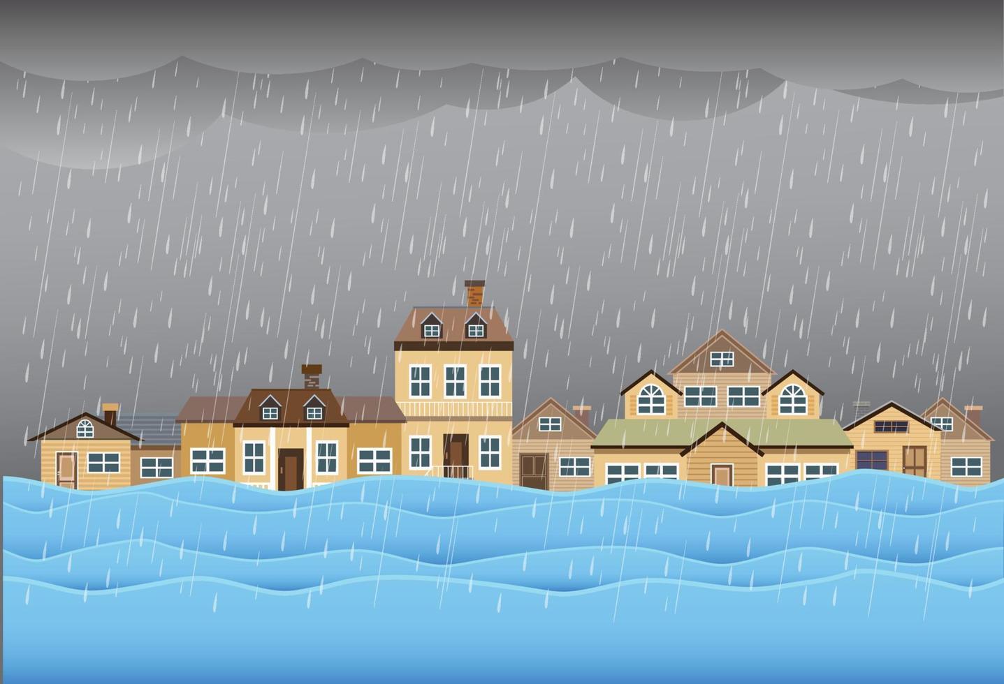Naturkatastrophe mit Haus überschwemmen, starker Regen und Sturm, Schaden mit Haus, Wolken und Regen, Überschwemmungswasser in der Stadt, überflutetes Haus. vektor
