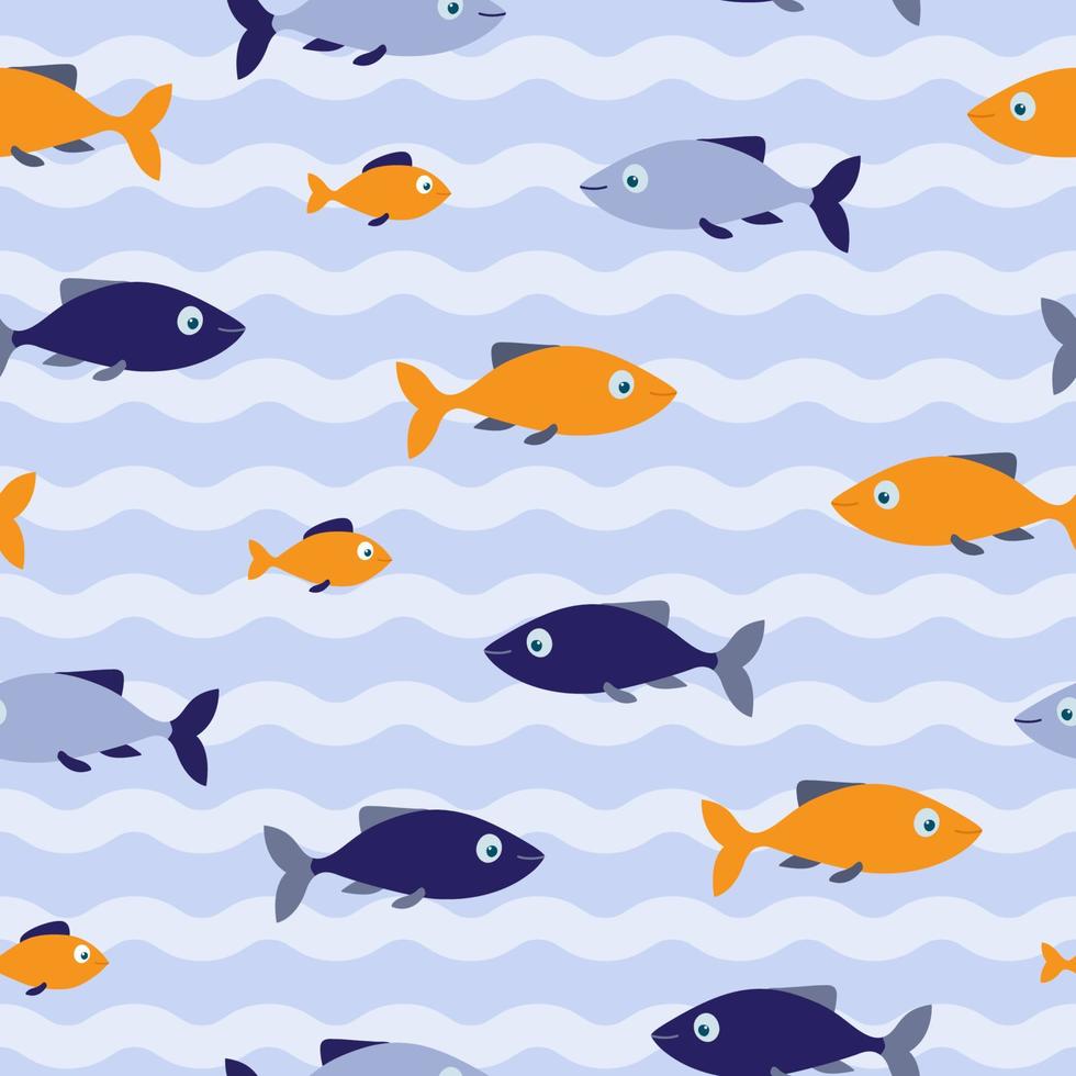 blå och orange fiskar seamless mönster på blå bakgrund med vågor. bra för textil, papper, bakgrund, scrapbooking vektor