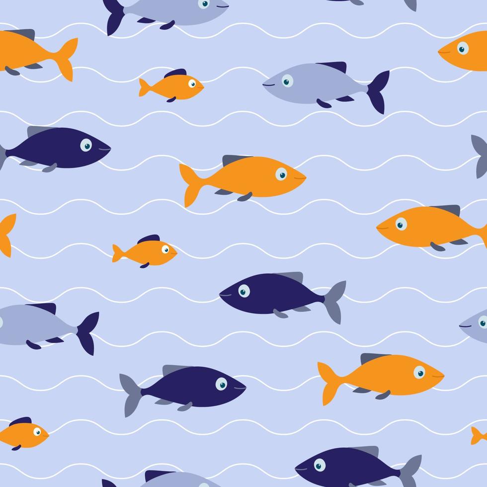 blå och orange fiskar seamless mönster med vågor på blå bakgrund. bra för textil, papper, bakgrund, scrapbooking. vektor