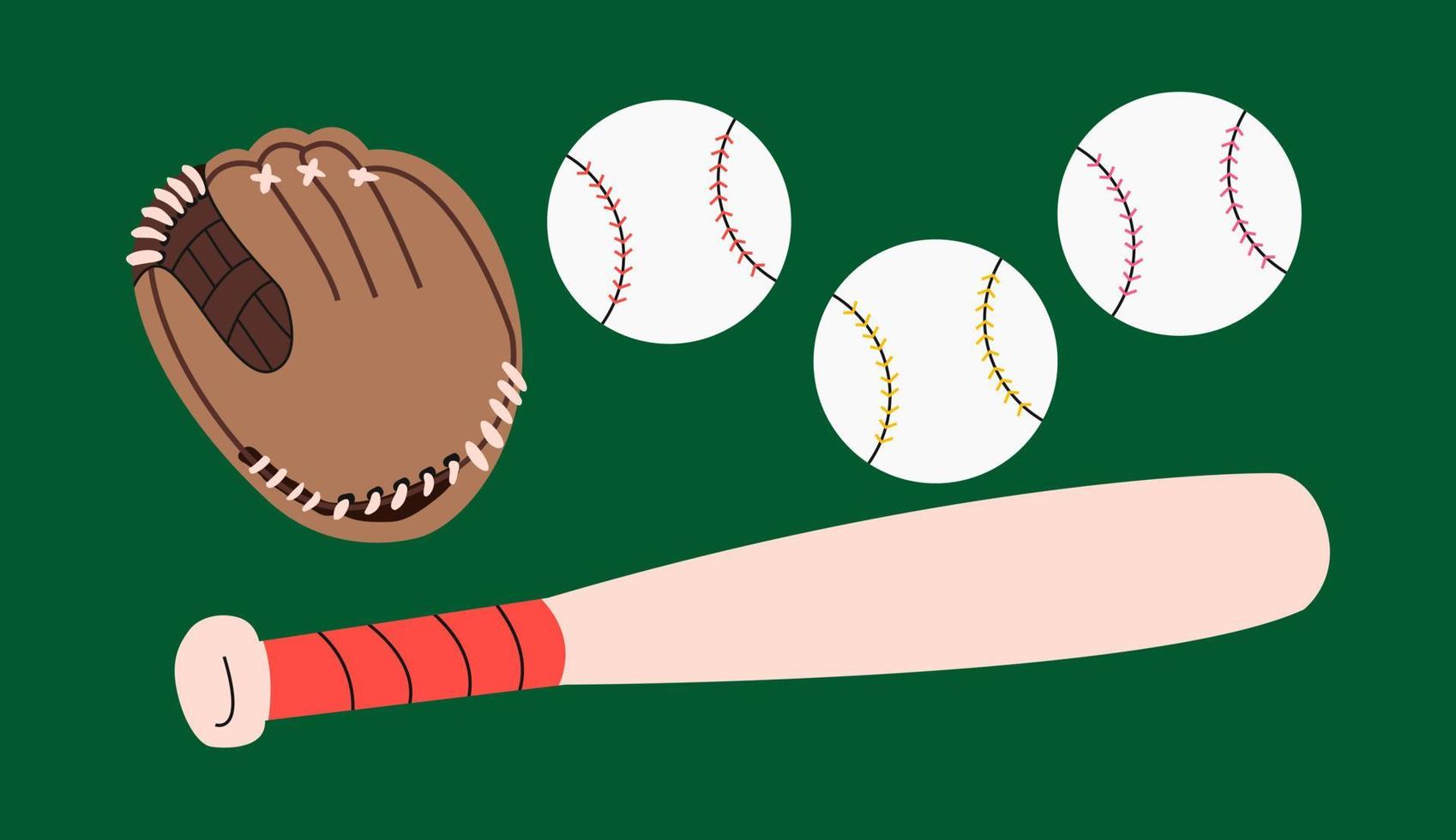 baseball utrustning set med tecknad brun vante handske, bollar och slagträ, illustration på grön bakgrund. boll med röda, gula, rosa sömmar. team sport koncept. handritad färgad platt set. vektor