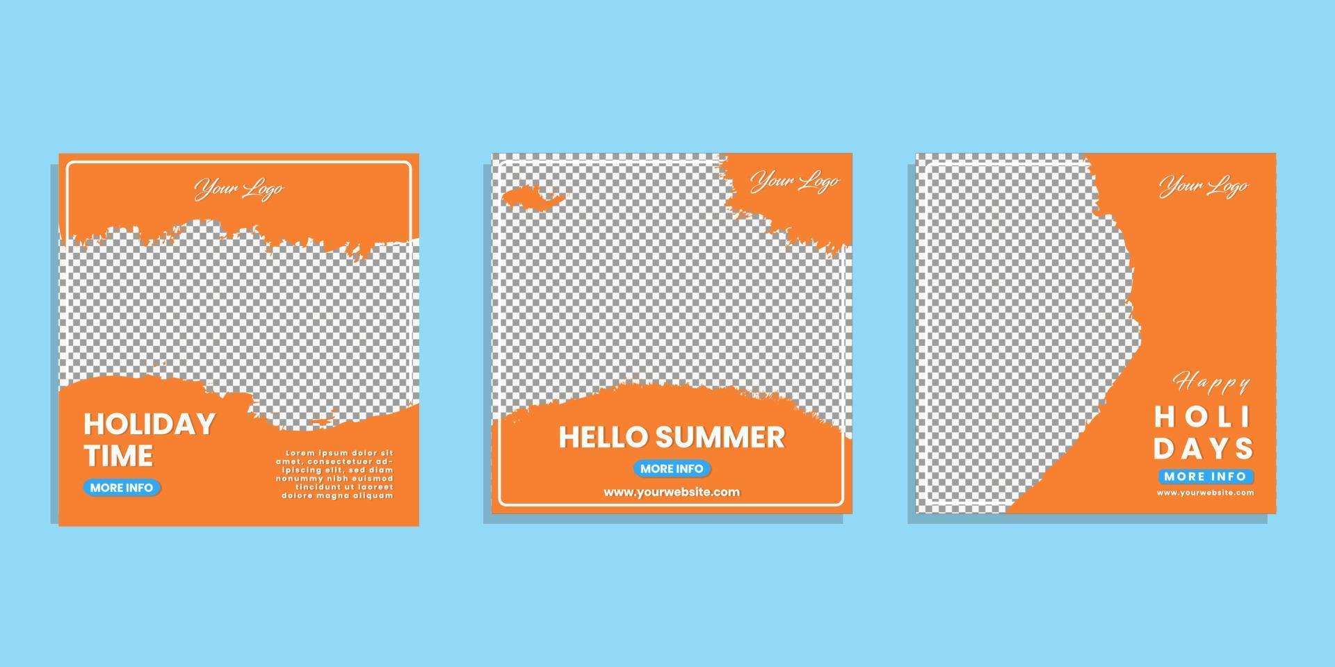 trendig redigerbar samling av sommarlägenheter inlägg på sociala medier i orange och ljusblått. sociala medier post banner set. lämplig för affärsmän, resebyråer, resebyråer, turistattraktion vektor