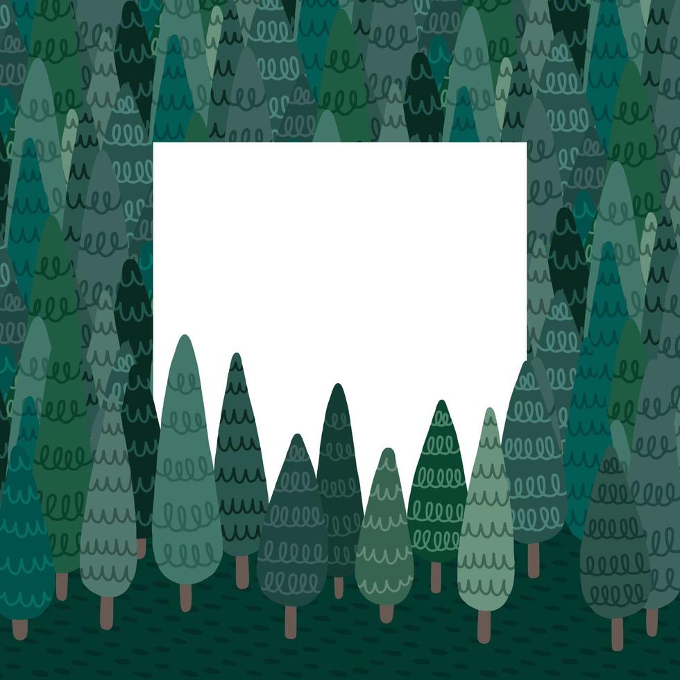handritad vektorillustration av skog med tomt utrymme för text. träd på mark och skog mönster. vit ram på mitten.blank skylt. vektor