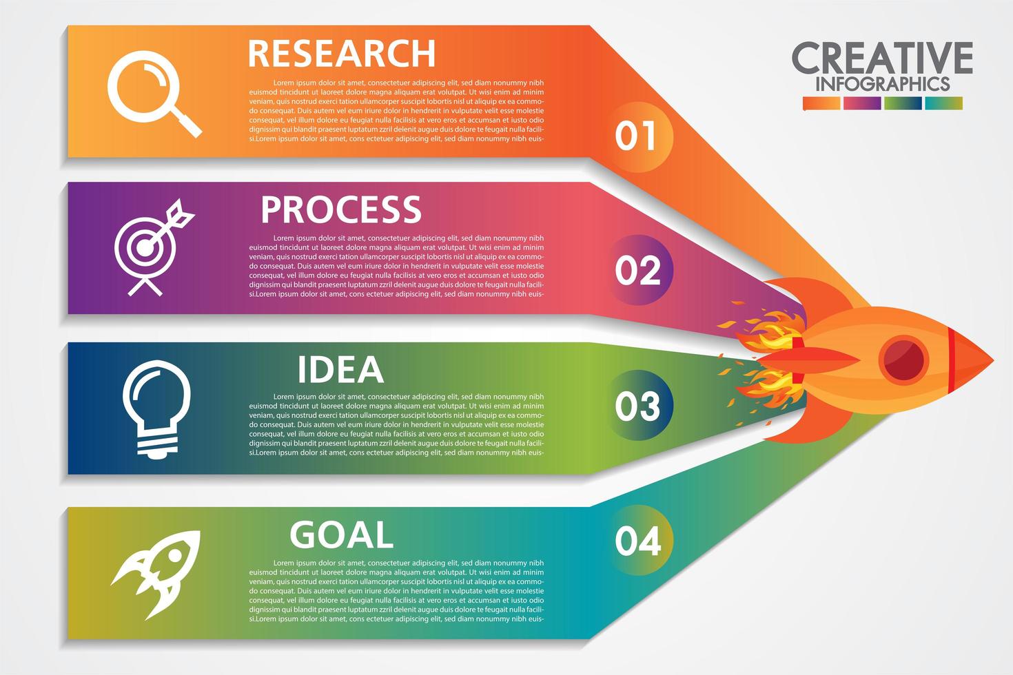 Infografiken Template-Design mit 4 Schritten Rakete oder Raumschiff startet vektor