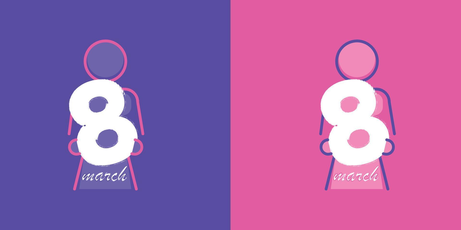 Die Figur 8 ist eine Frau, die in ihrer Hand steht, modernes Logo und Plakatdesign. Set mit 8. März Design-Logo zum Internationalen Frauentag in rosa und violetten Farben. vektor