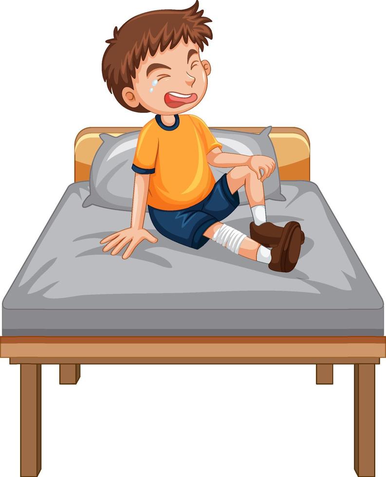 Ein Junge mit verletztem Bein weint auf dem Bett vektor