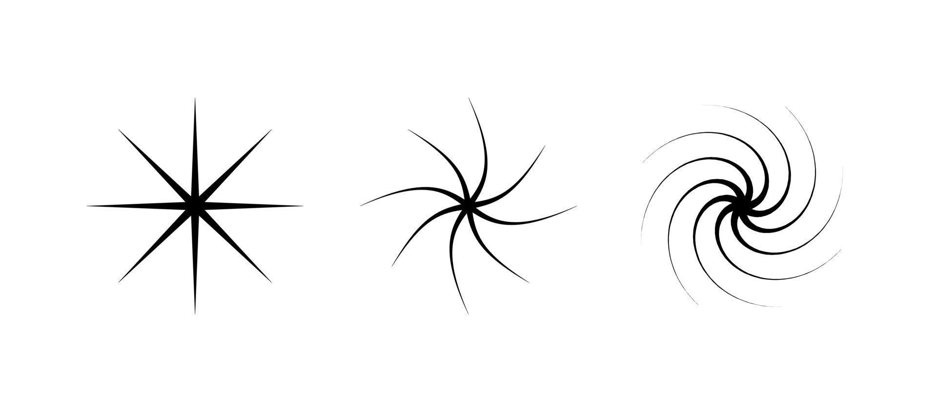 dünner Linienstern und rotierender Sternsatz. rotierender Explosionswirbel. geometrische sternbewegung, linearer spiralbewegungssatz. vektor