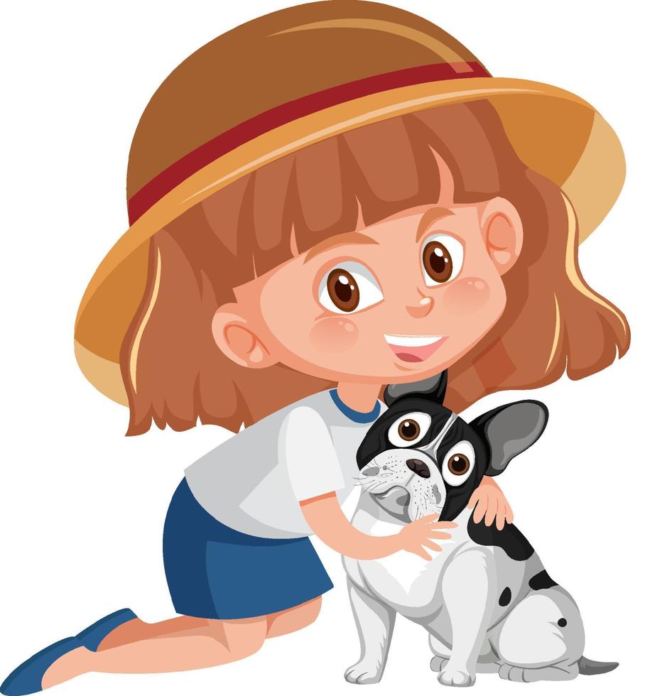 ein Mädchen mit französischer Bulldogge auf weißem Hintergrund vektor