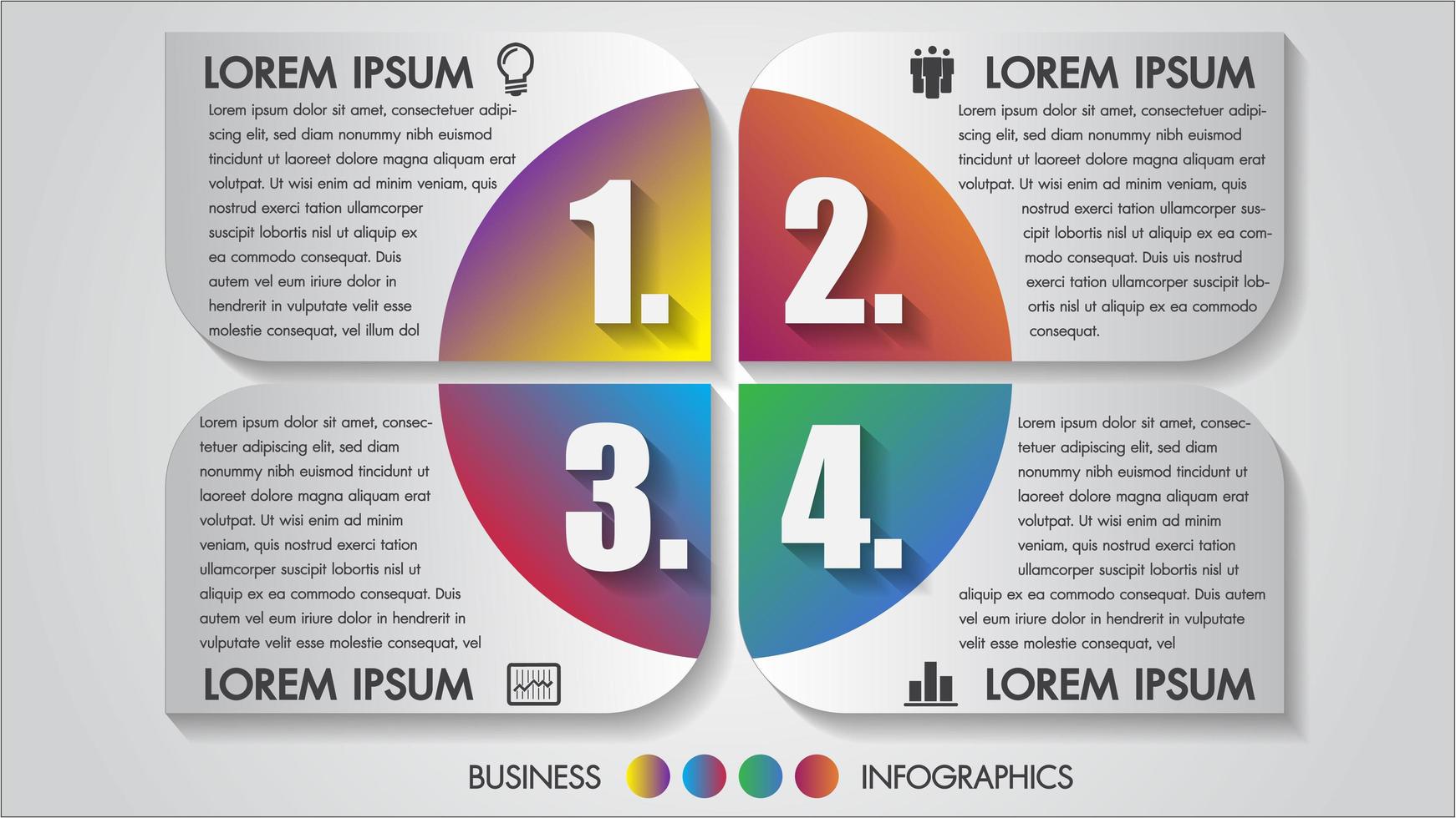 Business-Infografiken mit mehrfarbigen 4-Schritt-Symbolen vektor