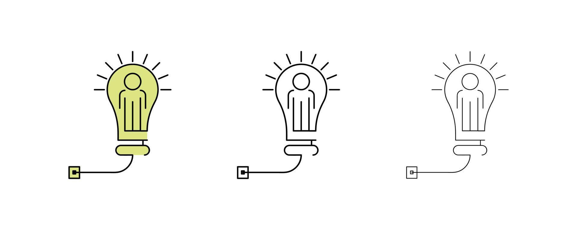mänsklig symbol inuti glödlampa av olika tjocklek och färg. personen som hittar idéer och forskar är i glödlampan. lagarbete vektor ikoner. redigerbar linje. modern linjekonst ikonuppsättning.
