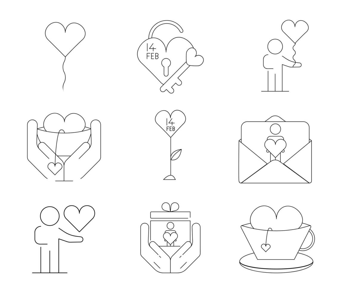Icon-Icon-Set wie Ballon vom Herzen, Geschenkbox in der Hand, Blume vom Herzen. Geschenk-Icon-Set von 9. Valentinstag dünne Linie Icon-Set. moderne Strichzeichnungen. vektor