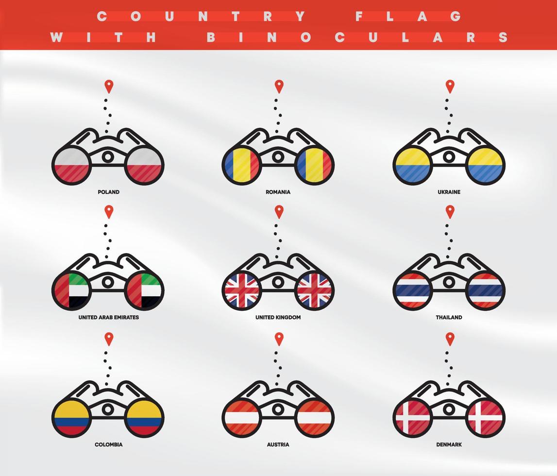 land flaggor plats ikoner. visa landplatser med kikare, platsikoner för resor. flaggor från colombia, österrike, danmark, Storbritannien, thailand och många länder. redigerbar linje. vektor