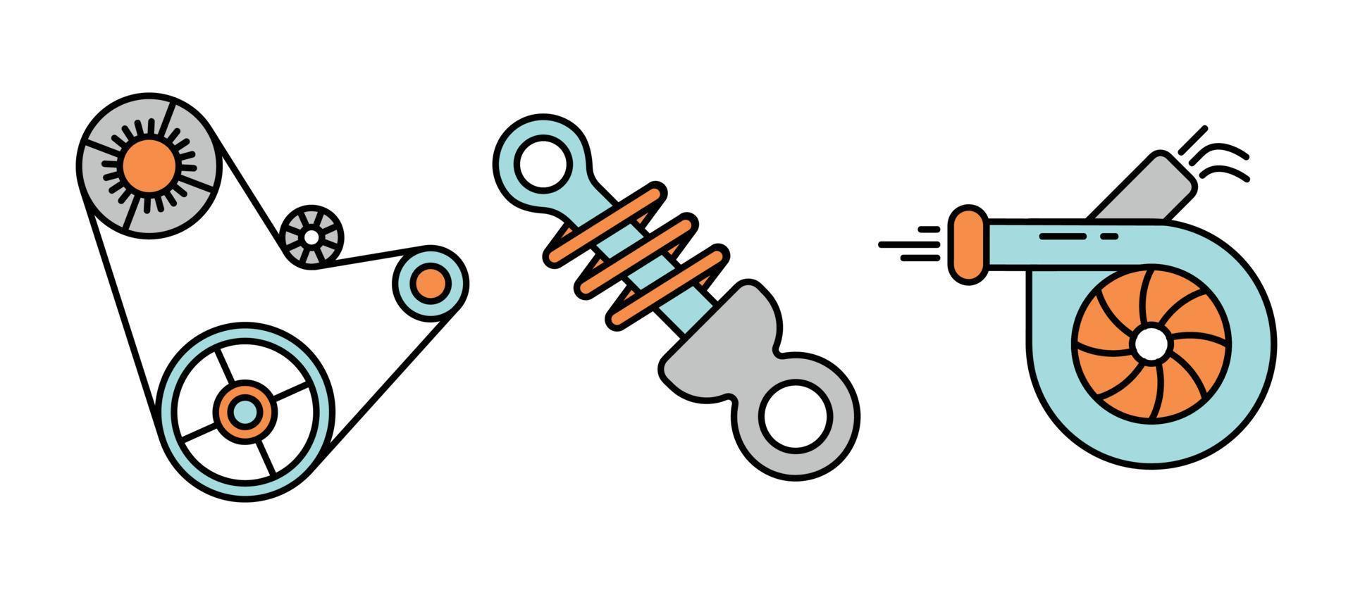 Symbolsatz für Fahrzeugaufhängung, Turbo und Motorriemen. Liniensymbole für Autoteile. Symbolsatz für die Automobilproduktion. bunter Satz. vektor