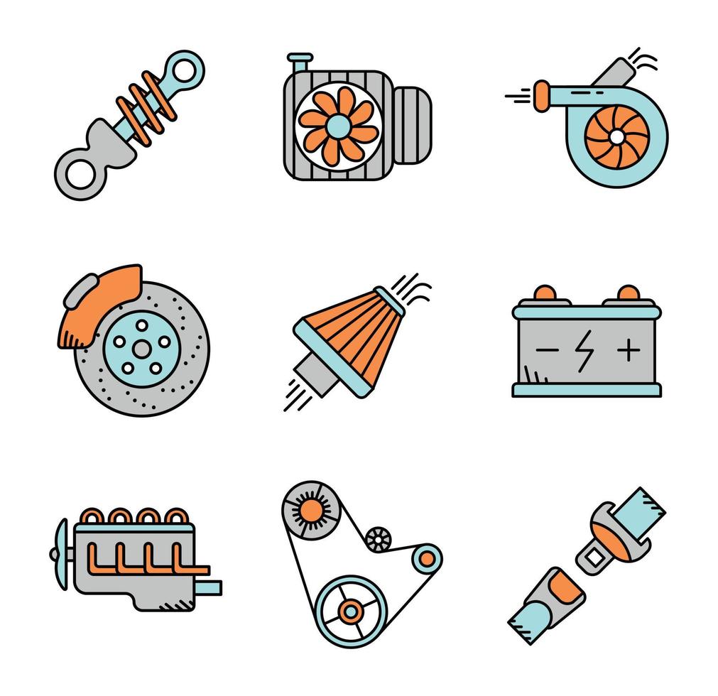 fahrzeugmotorlüfter, bremsbelag, luftfilter, batterie, riemen, autoturbo und federung, symbolsatz. Liniensymbole für Autoteile. Symbolsatz für die Automobilproduktion. bunter Satz. vektor