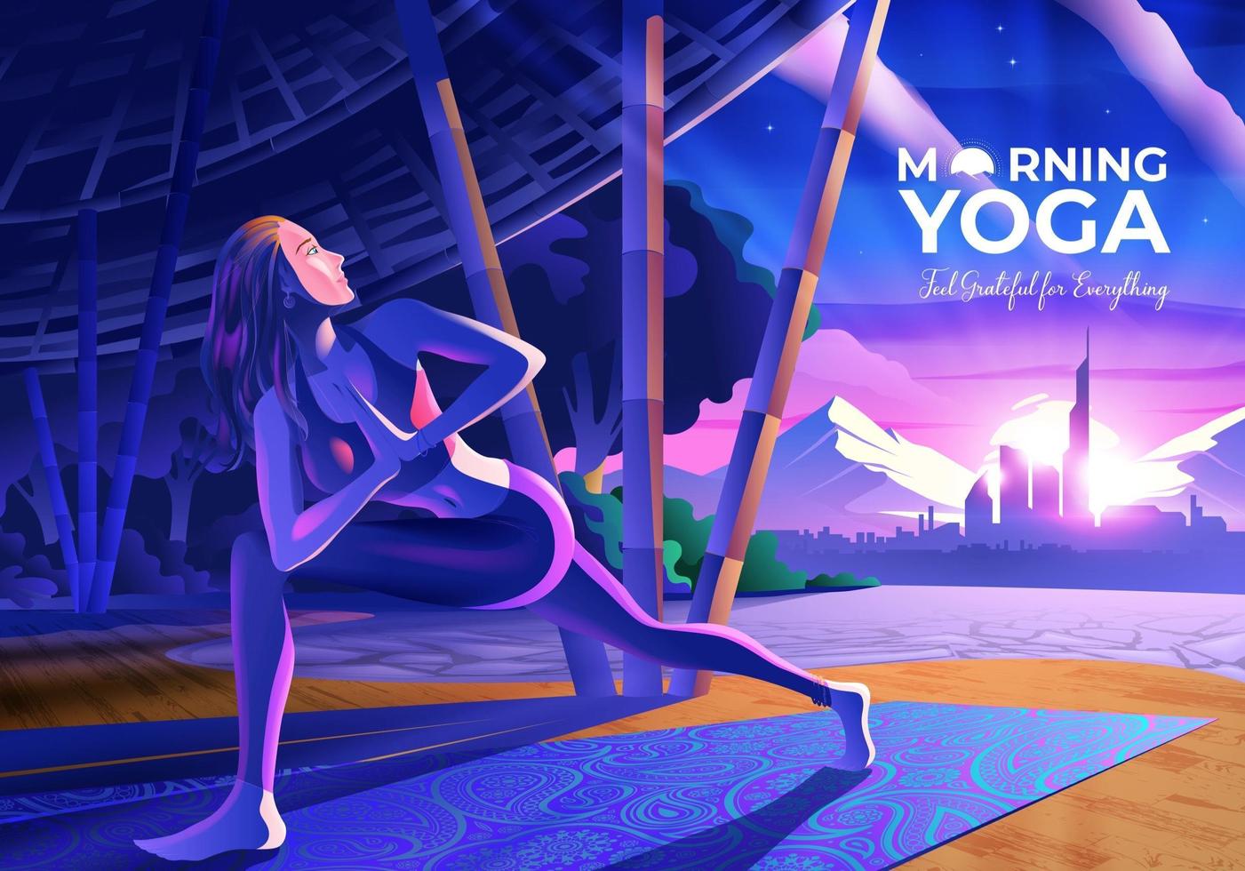 Frau, die Yoga innerhalb des Yogapavillons mit Morgenstadtansicht tut vektor