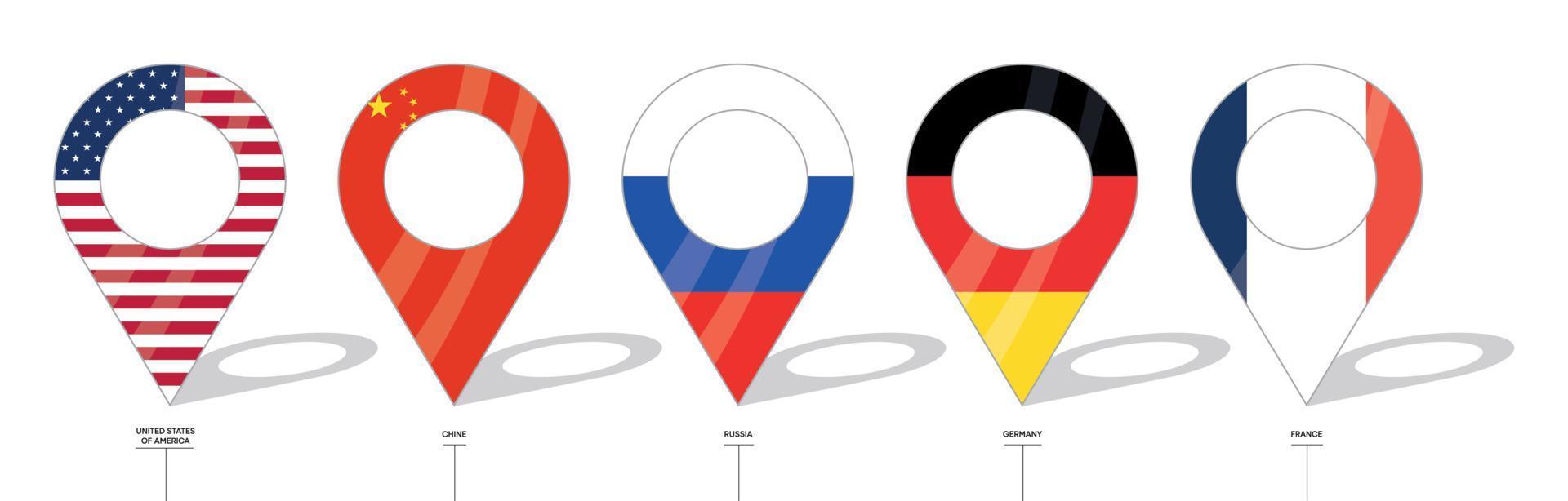 land flagg plats tecken. Förenta staterna, Kina, Ryssland, Tyskland och Frankrike flaggikoner. flaggor för länder med incheckningar. vektor ikon av enkla former av punkt för plats.