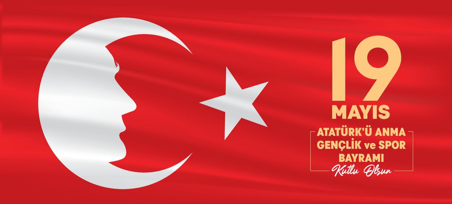 Vektorzeichnung der türkischen Flagge und Atatürk. 19. mai 1919 fröhliches atatürk-gedenken, jugend- und sporttag, botschaft. Jugendurlaub. Banner-Design. vektor