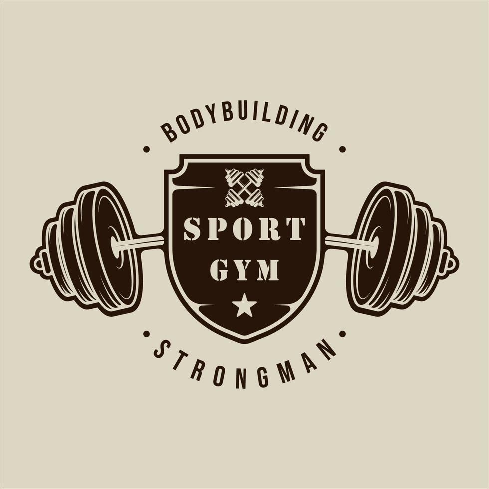 Langhantel und Schild Logo Vektor Vintage Illustration Vorlage Symbol Grafikdesign. Fitnessstudio oder Fitnesszeichen oder Symbol für Sport Business Gymnasium mit Retro-Typografie-Stil