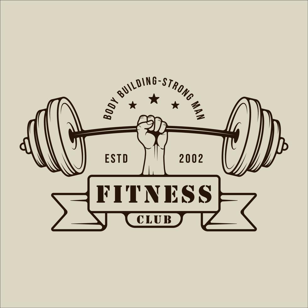 hand näve och skivstång logotyp vektor linje vintage illustration mall ikon grafisk design. gym eller fitness tecken eller symbol för sport företag med banner och typografi stil