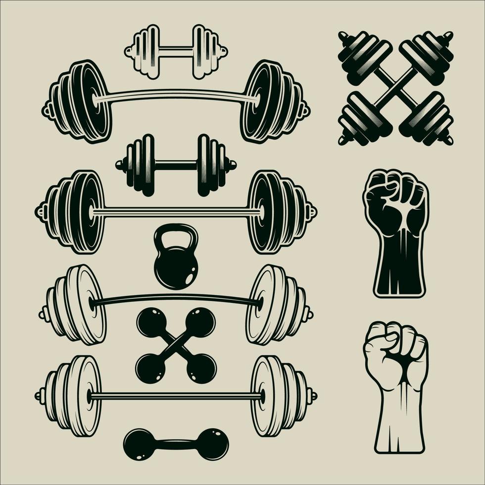 uppsättning ikon gym eller fitness utrustning vektor vintage illustration mall grafisk design. bunt samling av olika bodybuilding verktyg med retro stil koncept